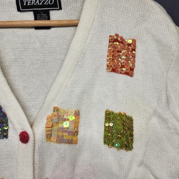 Terazzo Cardigan Sweater Womens Large White Short Sleeve V Neck Sequin Patchwork - Picture 13 of 16